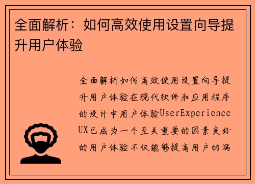 全面解析：如何高效使用设置向导提升用户体验